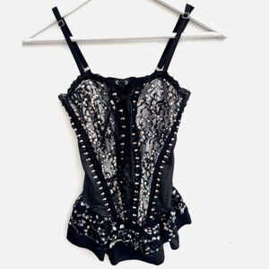 FREDRICKS of Hollywood Black Lace Mesh Rhinestone Lace Up Bustier Corset Top M